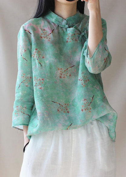 Light Green Button Stand Collar Print Tops Spring