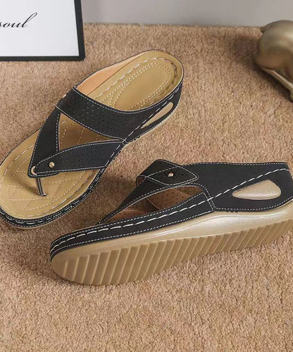 Unique Black Splicing Wedge Thong Sandals Faux Leather