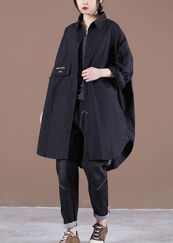 Handmade Black Loose Button Asymmetrical Design Fall Top Long Sleeve