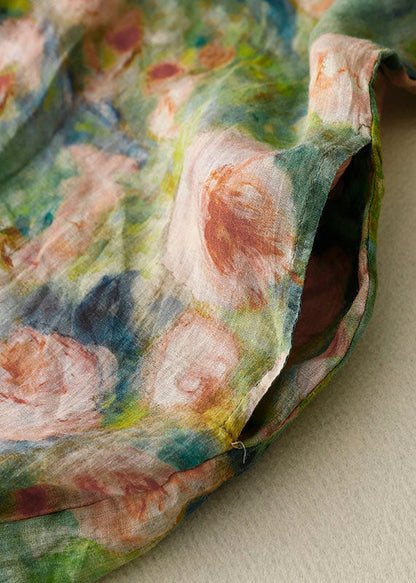 Green O Neck Print Patchwork Linen Mid Dress Bracelet Sleeve Summer