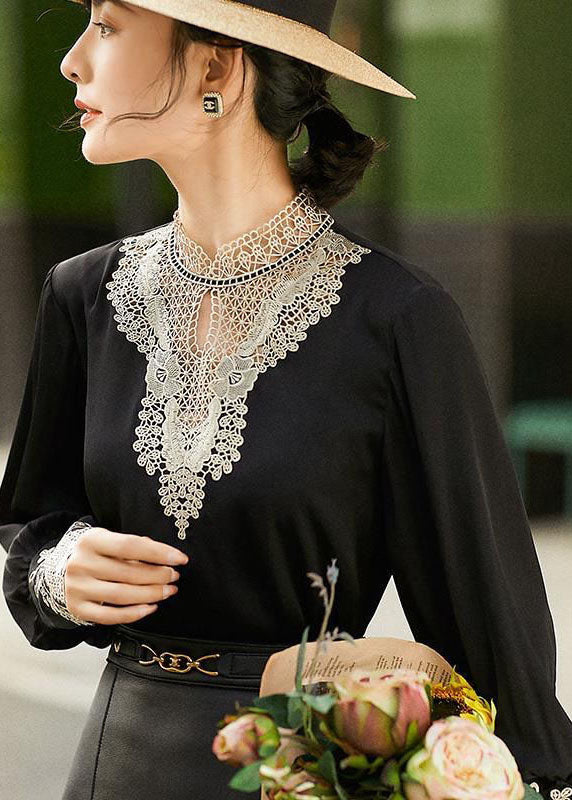 Black Stand Collar Embroideried Hollow Out Chiffon Blouse Tops Long Sleeve