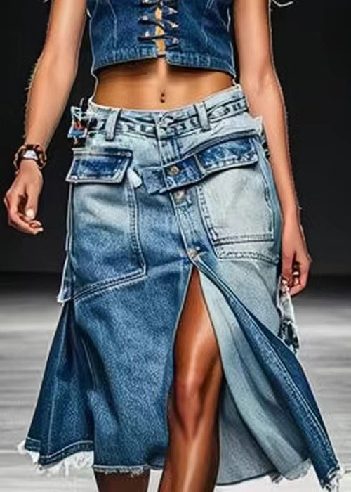 French Blue Button Pockets Front Open Denim Skirt Summer (ships in 24hrs)