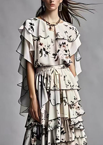 Black Ruffled Print Silk Two Pieces Set Summer