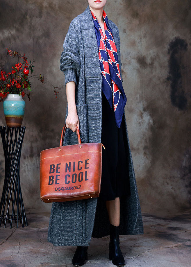 Loose Grey V Neck Woolen Knit Trench Coats Spring