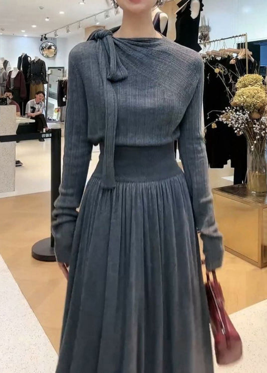 Stylish Grey Neck Knit Top and Maxi Skirts Two Pieces Set Winter