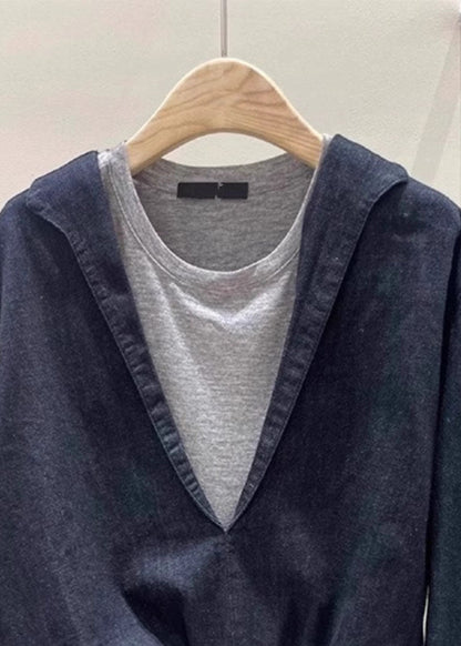 Navy O Neck Patchwork False Two Pieces Cotton Top Spring
