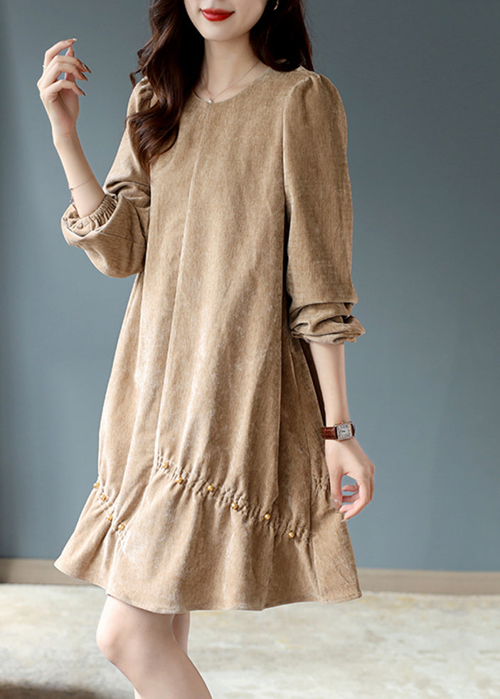Khaki Wrinkled Nail Bead Velour Mid Dresses Spring