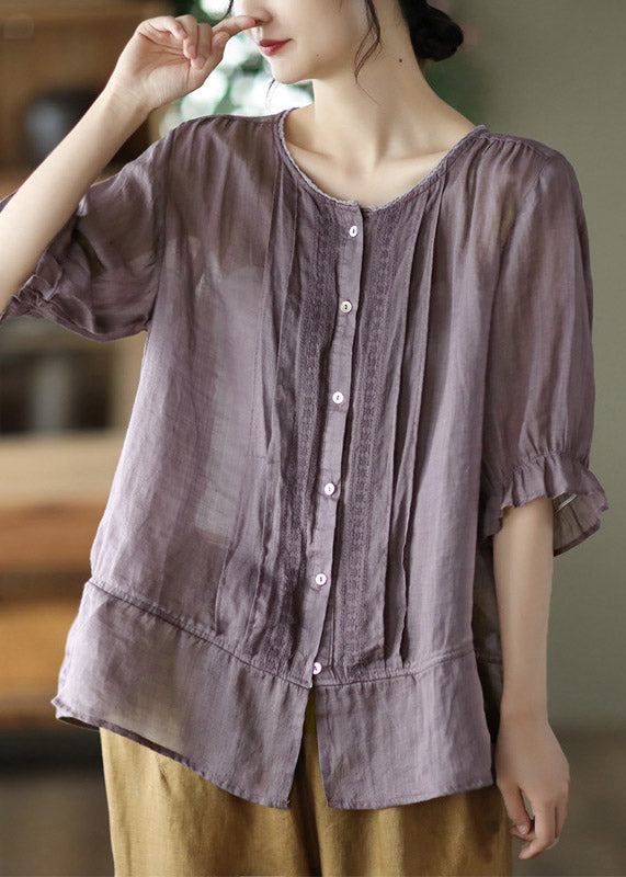 Purple O-neck Patchwork Button Linen Shirt Half Sleeve