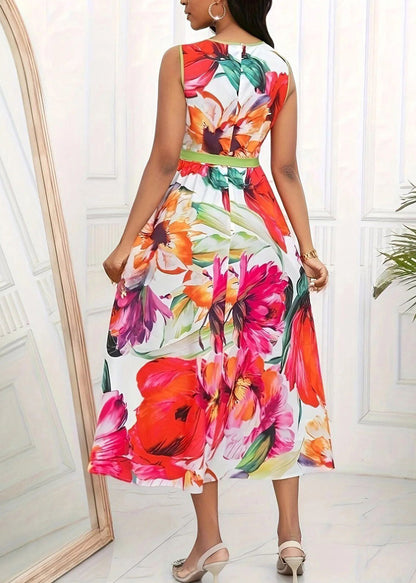 Red O-neck Print Tie Waist Maxi Dress Sleeveless Summer