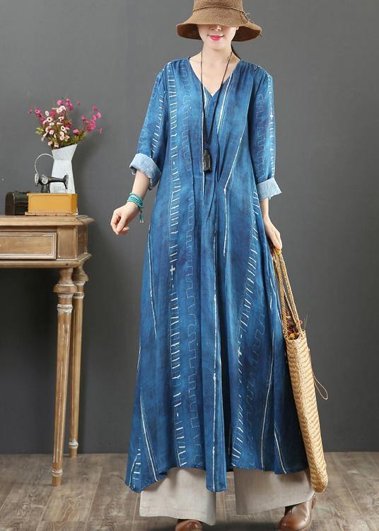 French Blue Tunic Dress V Neck Large Hem a Line Spring Dresses