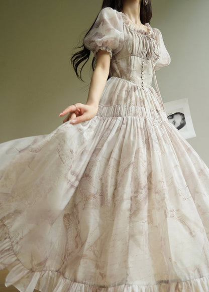 O-neck Ruffled Print Tunic Chiffon Long Dress Summer