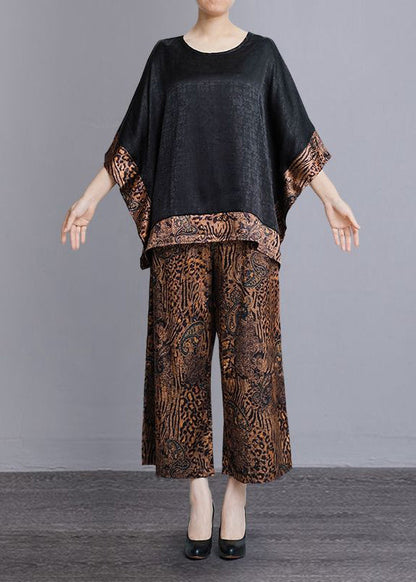 Leopard O-neck Print Patchwork Silk Two Pieces Set Batwing Sleeve