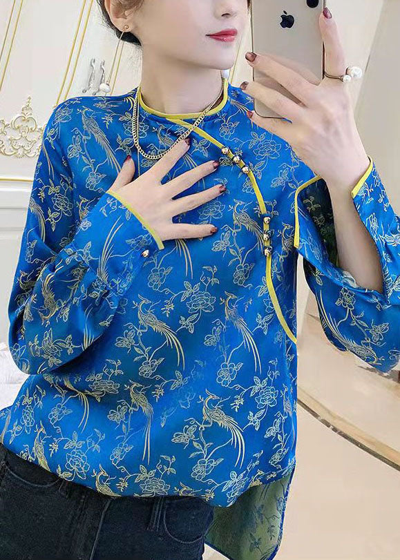 Unique Blue O-neck Side Open Jacquard Patchwork Silk Tops Spring
