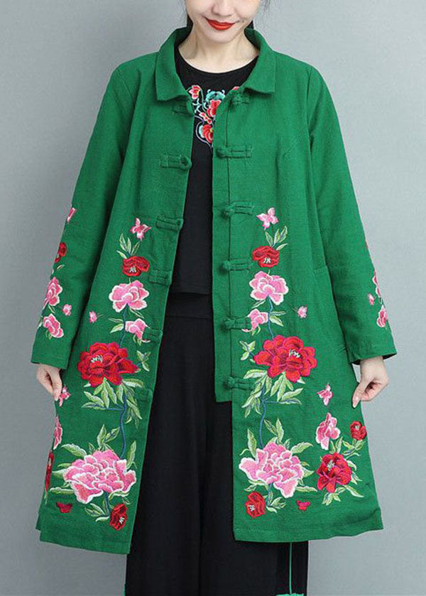 Green Stand Collar Embroideried Cotton Coats Fall