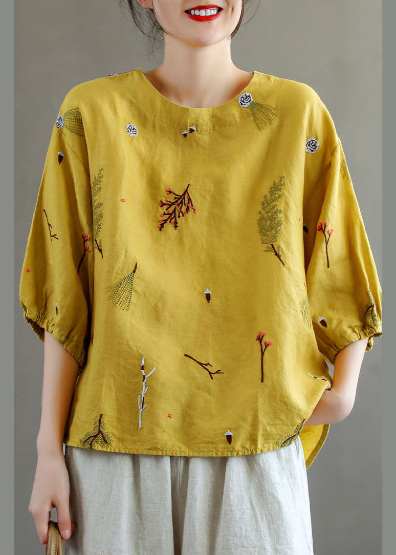Yellow O-neck Embroideried Linen Tank Top Lantern Sleeve
