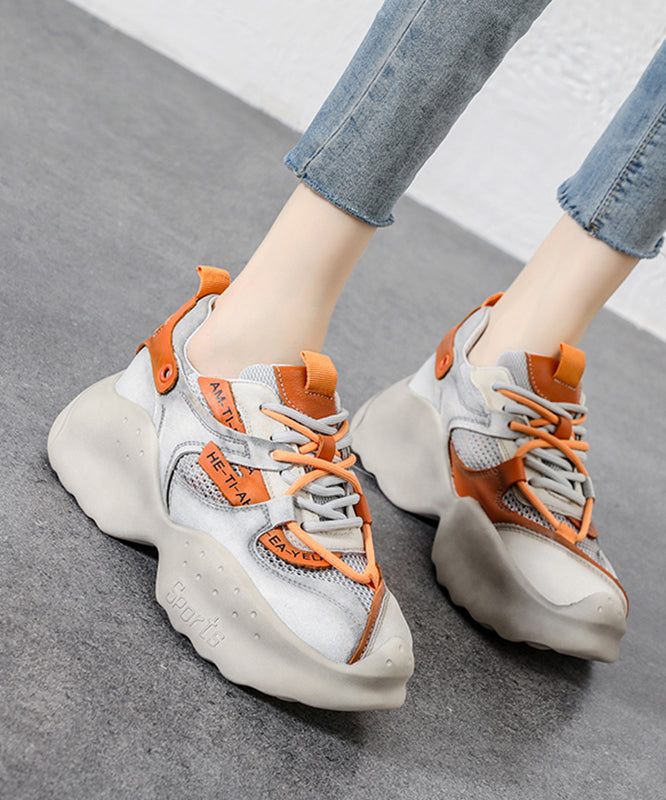 Handmade Orange Cowhide Leather Lace Up High Wedge Heels Shoes