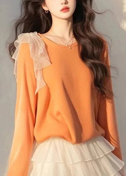 New Orange Bow Tops and White Tulle Skirts Cotton Two Piece Set Fall