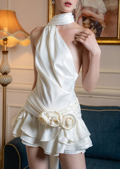 White Backless Wrinkled Silk Mid Dress Sleeveless