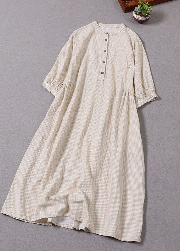 Fine Beige Stand Collar Plaid Cotton Vacation Dresses Half Sleeve