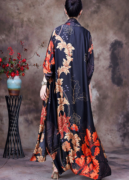 Black Print Bow Collar Side Open Silk Long Cardigan Long Sleeve