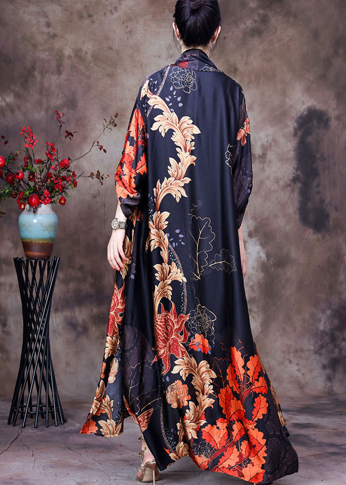 Black Print Bow Collar Side Open Silk Long Cardigan Long Sleeve
