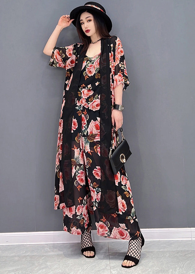 Black Print Draping Chiffon Sets 3 Pieces Summer
