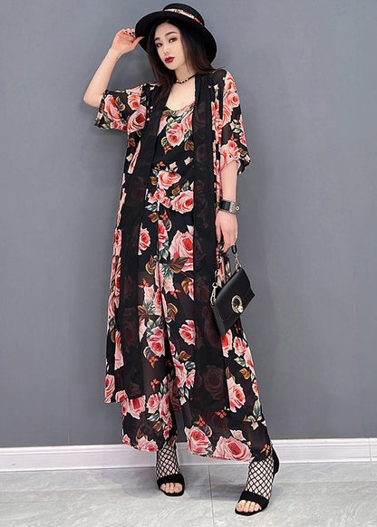 Black Print Draping Chiffon Sets 3 Pieces Summer