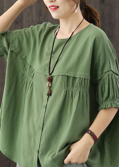 Green O-neck Patchwork Button Wrinkled Fall Half Sleeve Top