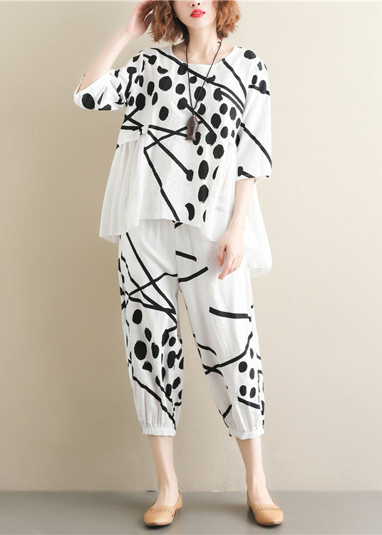 White O-neck Patchwork Tops and Pants Cotton Two Pieces Set Summer