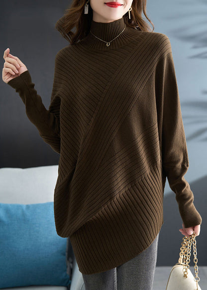 Coffee Half Hign Neck Knit Sweaters Batwing Sleeve