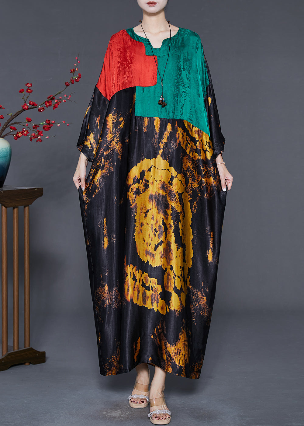 Original Design Colorblock Oversized Print Silk Dress Summer