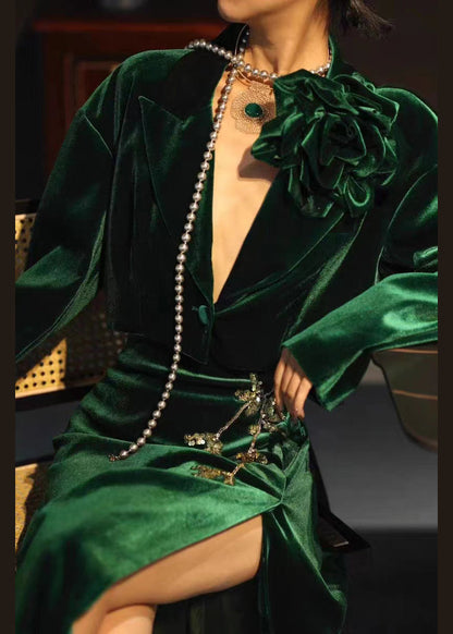 Chinese Style Green Sequins Side Open Velour Two Pieces Set Fall