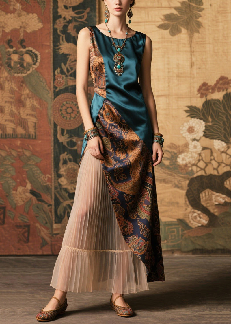 Art Peacock Blue Asymmetrical Patchwork Silk Pleated Dresses Sleeveless