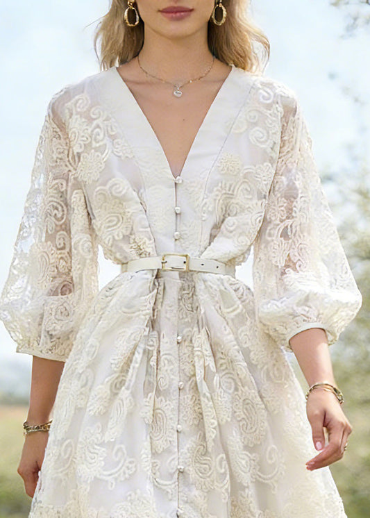 Style White V Neck Patchwork Tulle Mid Dress Spring