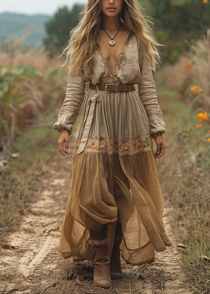 V Neck Print Wrinkled Cotton Long Dress Spring