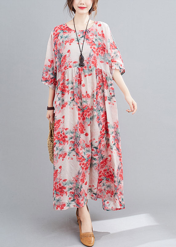 Art O-neck Pink Print Wrinkled Linen Long Dresses Three Quarter Sleeve