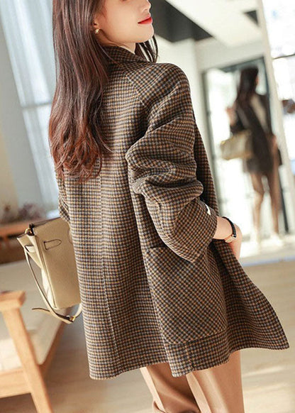 Plaid Notched Pockets Wooled Blend Coats Long Sleeve