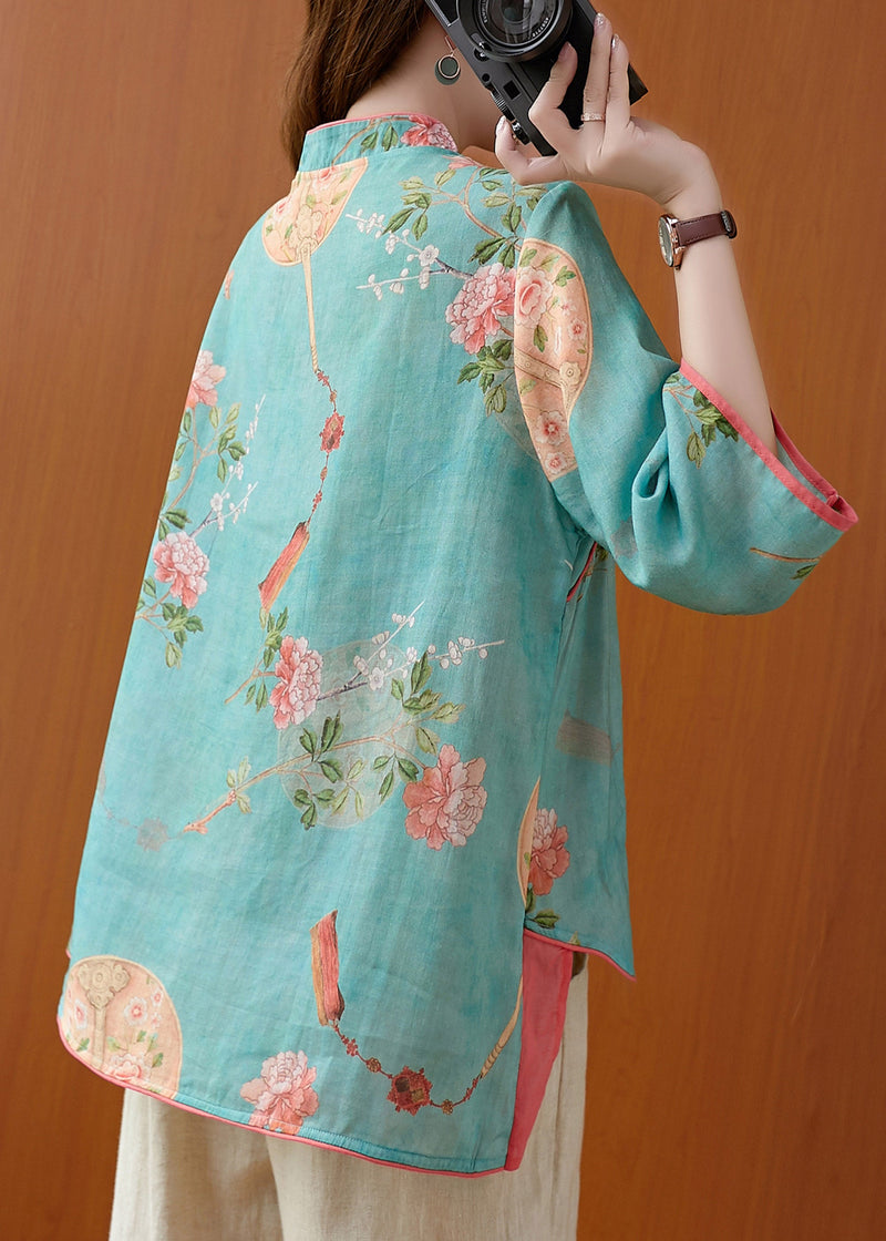 French Green Stand Collar Low High Design Print Linen Blouse Tops Spring