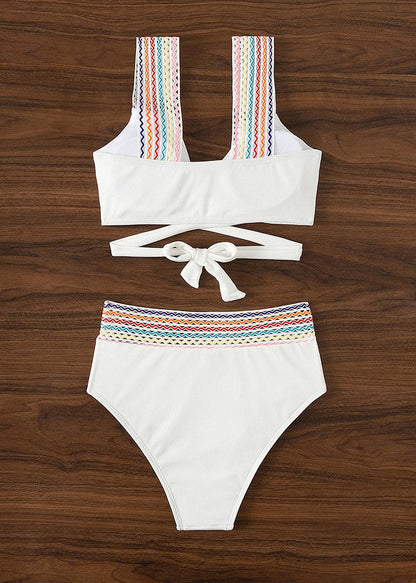 White Patchwork Backless Swimwear Two Pieces Set