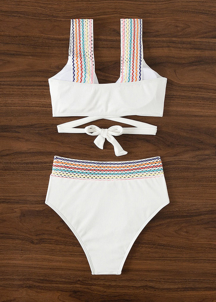 White Patchwork Backless Swimwear Two Pieces Set