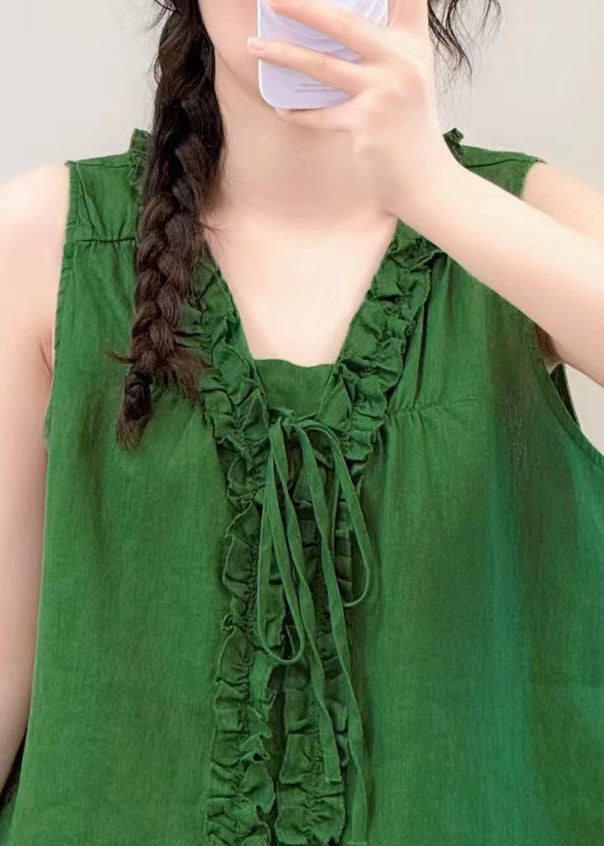 Green Ruffled Lace Up Linen Blouse Top Summer