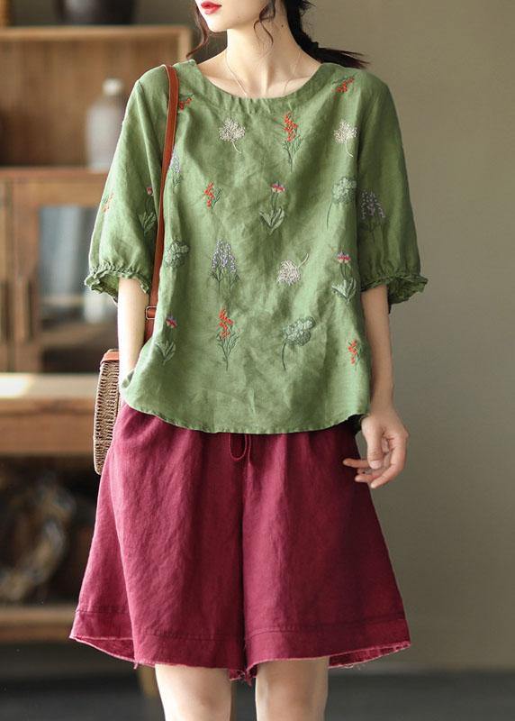 Pink O-neck Embroideried Summer Ramie Blouses Half Sleeve