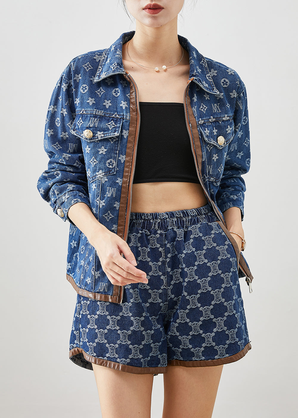 Navy Oversized Print Denim Two Piece Suit Set Fall