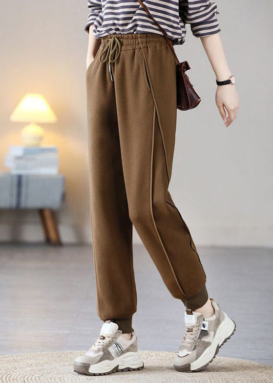 Coffee Elastic Waist Patchwork Drawstring Warm Fleece Pants Trousers Spring