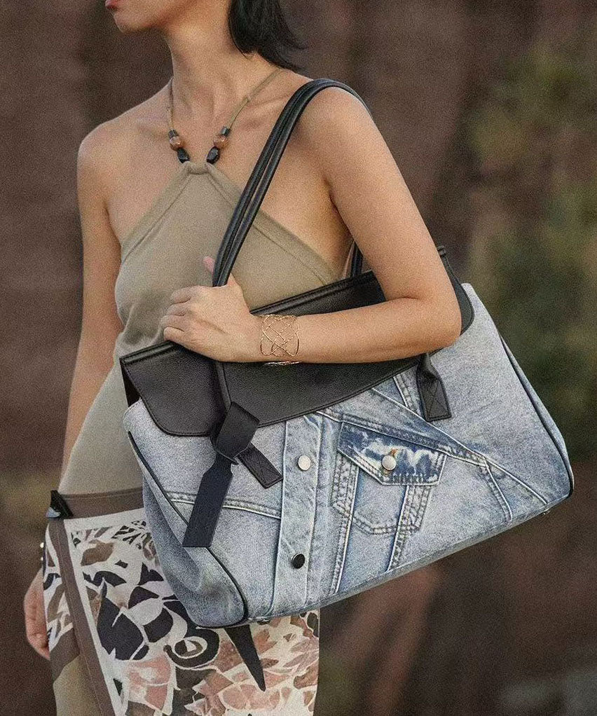 Denim Blue Patchwork Leather Large Capacity Shoulder Bags
