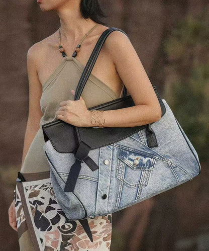 Denim Blue Patchwork Leather Large Capacity Shoulder Bags