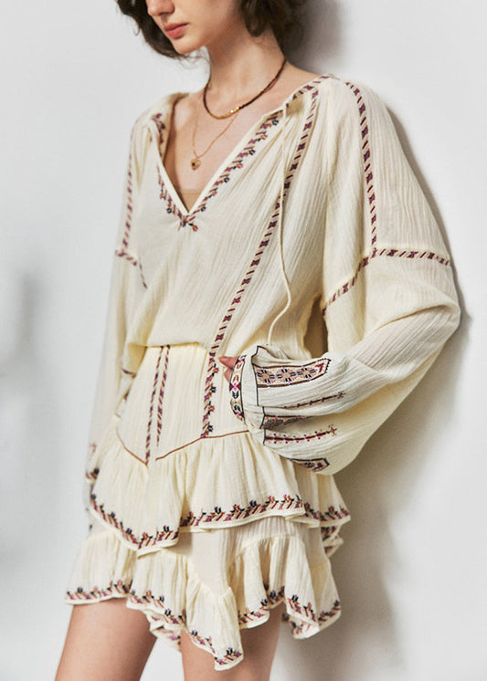 Beige Embroidered Ruffled Cotton Two Pieces Set Summer