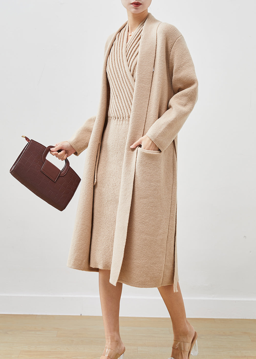 Khaki Warm Knit Sets 2 Pieces V Neck Tie Waist Winter