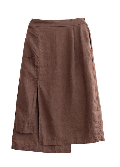 Chocolate Asymmetrical Pockets Linen Skirts Spring