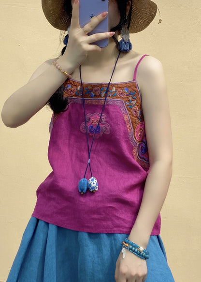Rose Red Embroideried Patchwork Linen Spaghetti Strap Top Summer